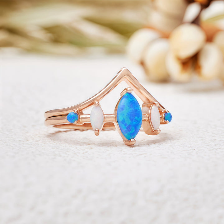 Olivenorma Natural Blue & White Opal Crown Ring