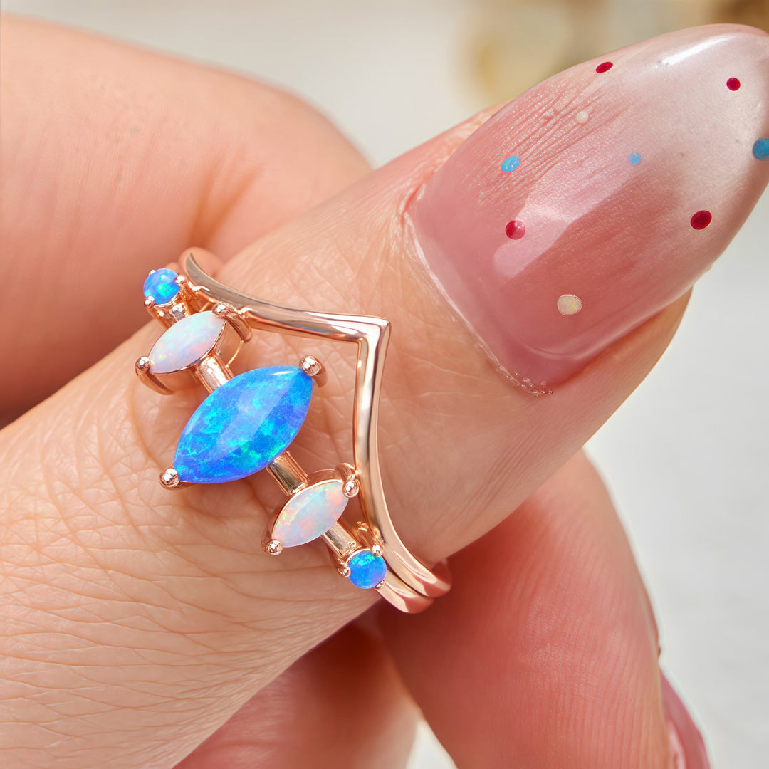 Olivenorma Natural Blue & White Opal Crown Ring