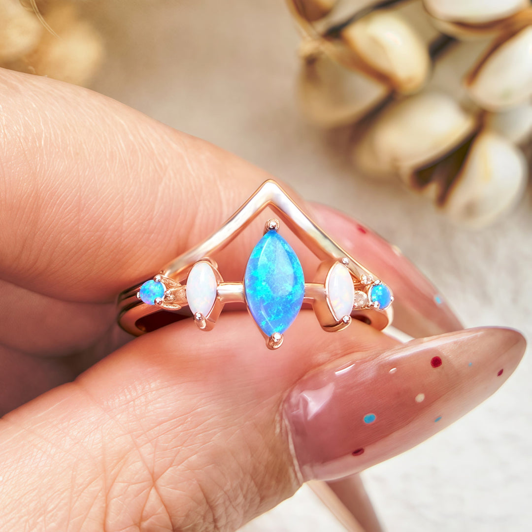 Olivenorma Natural Blue & White Opal Crown Ring