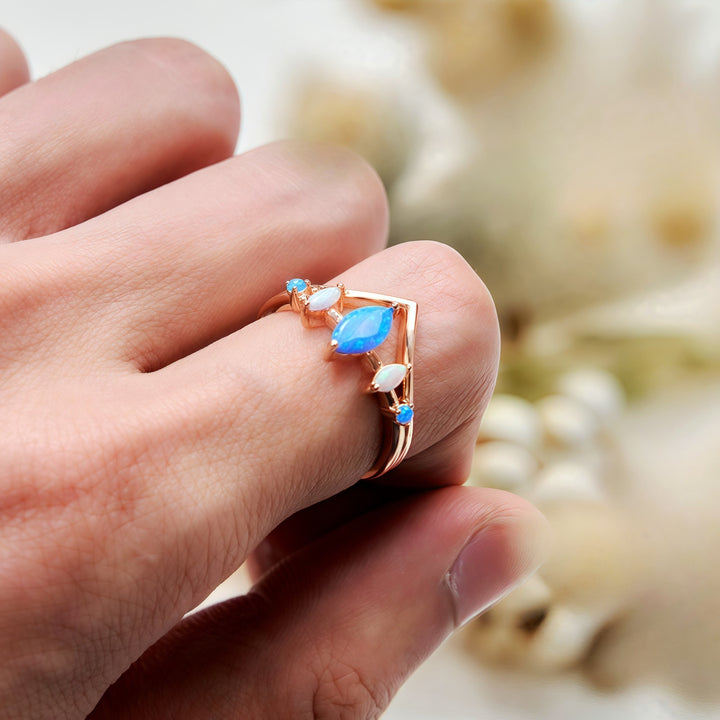 Olivenorma Natural Blue & White Opal Crown Ring