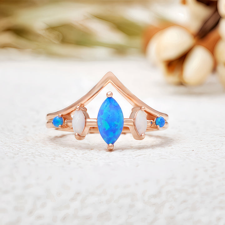 Olivenorma Natural Blue & White Opal Crown Ring