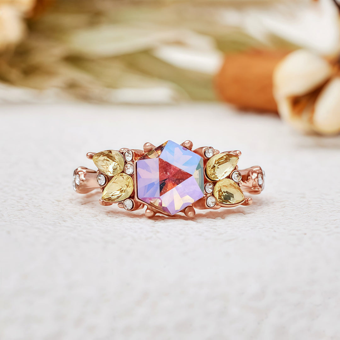 Olivenorma Hexagon Cut Alexandrite Peridot Ring