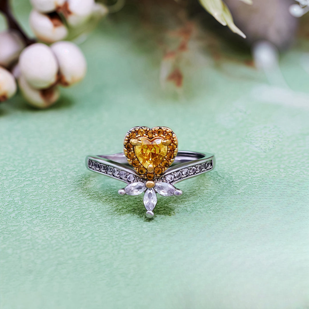 Olivenorma Heart Shape Citrine Crown White Zircon Ring