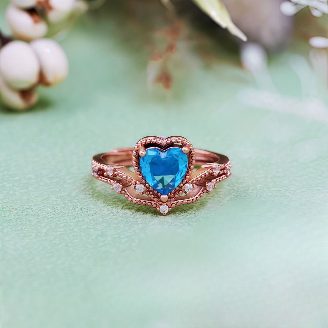 Olivenorma Heart Shape Blue Topaz Crown Shape Ring