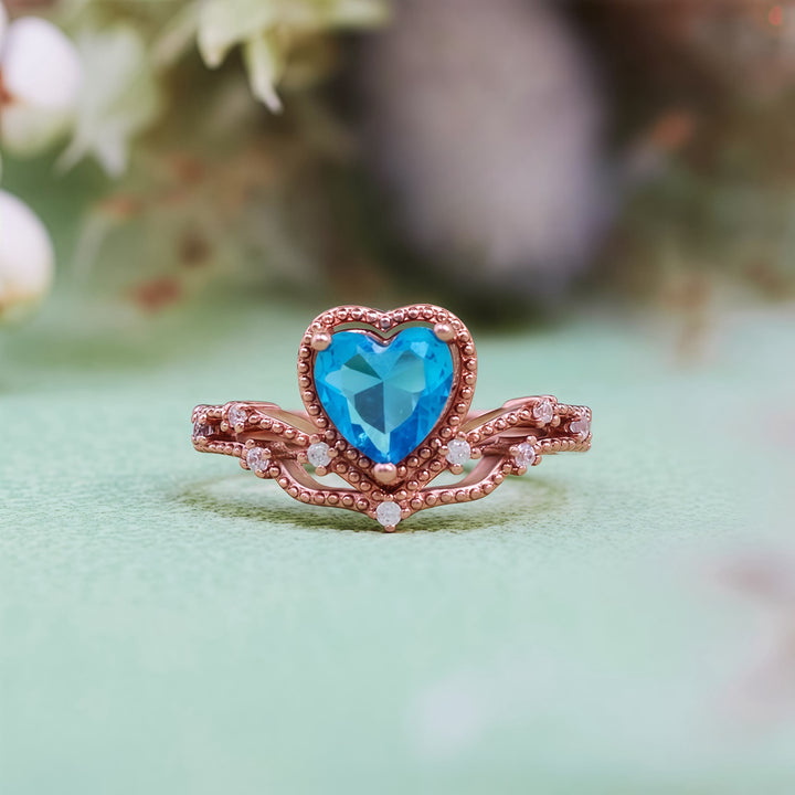 Olivenorma Heart Shape Blue Topaz Crown Shape Ring