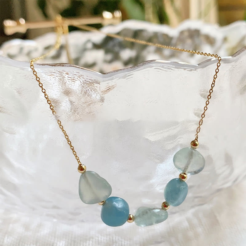 Olivenorma Irregular Natural Stone Beaded Pendant Necklace - Aquamarine - With Gold Beads - image 7