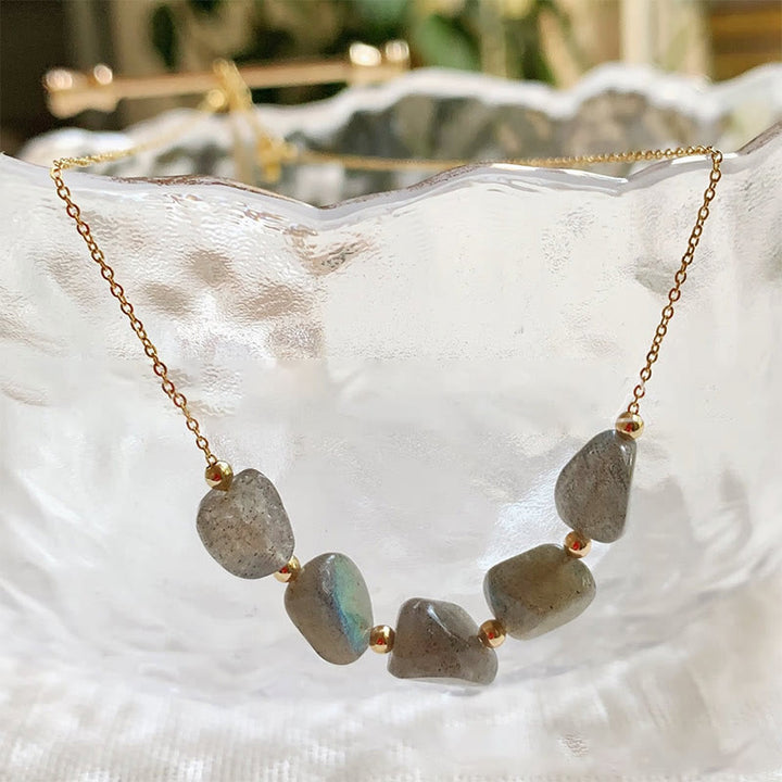 Olivenorma Irregular Natural Stone Beaded Pendant Necklace - Labradorite - With Gold Beads - image 19