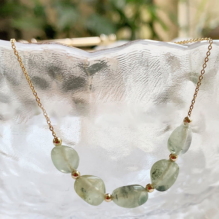 Olivenorma Irregular Natural Stone Beaded Pendant Necklace - Prehnite - With Gold Beads - image 25