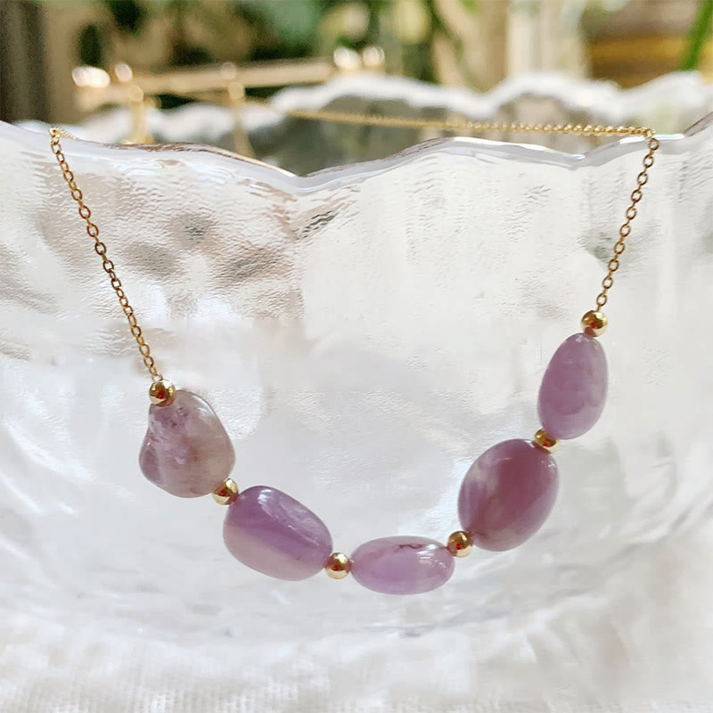 Olivenorma Irregular Natural Stone Beaded Pendant Necklace - Lepidolite - With Gold Beads - image 22