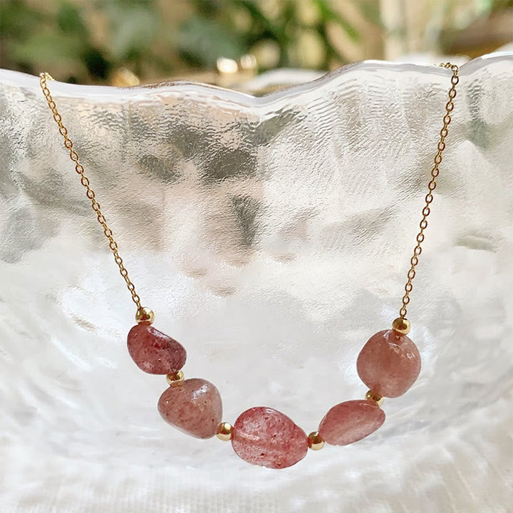 Olivenorma Irregular Natural Stone Beaded Pendant Necklace - Strawberry Quartz - With Gold Beads - image 34