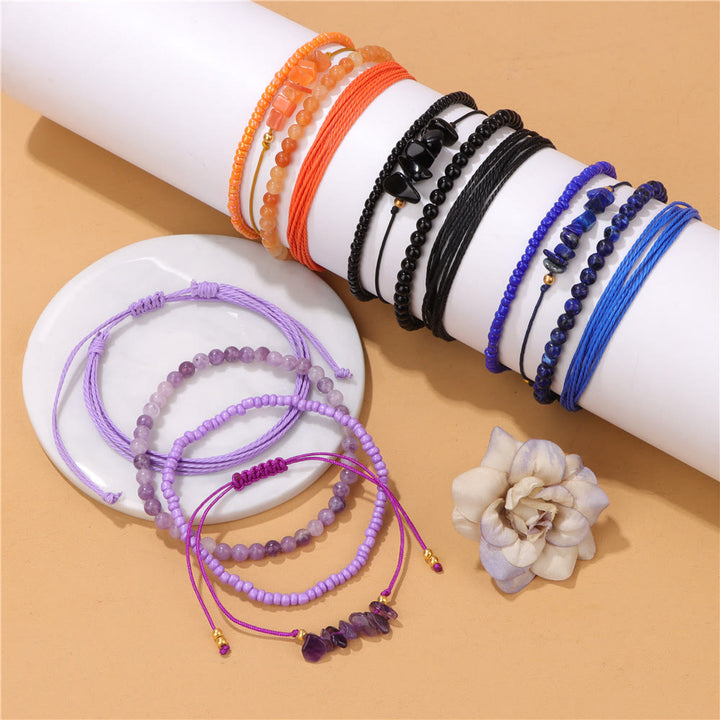 Olivenorma 4Pcs Crystal Crushed Stone Braided Drawstring Bracelet