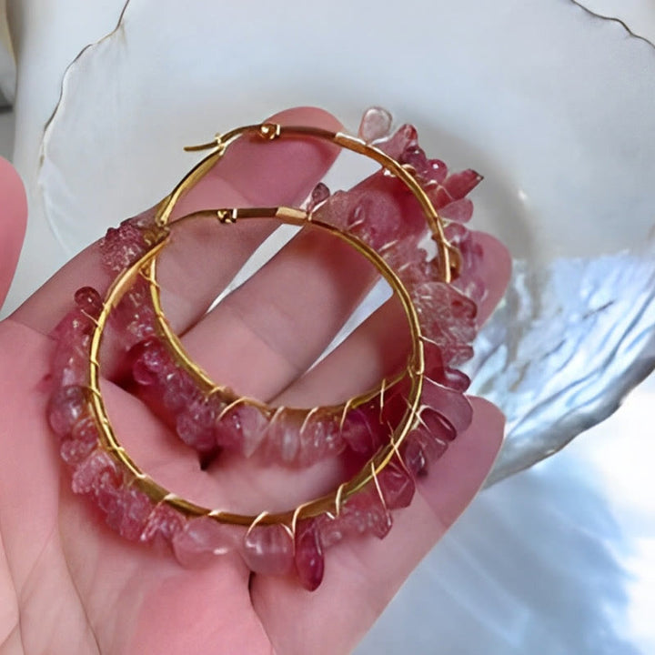 Olivenorma Bohemian Style Natural Stone Crystal Large Hoop Earrings