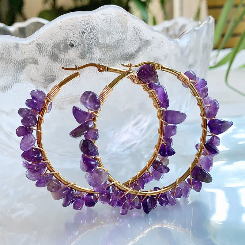 Olivenorma Bohemian Style Natural Stone Crystal Large Hoop Earrings