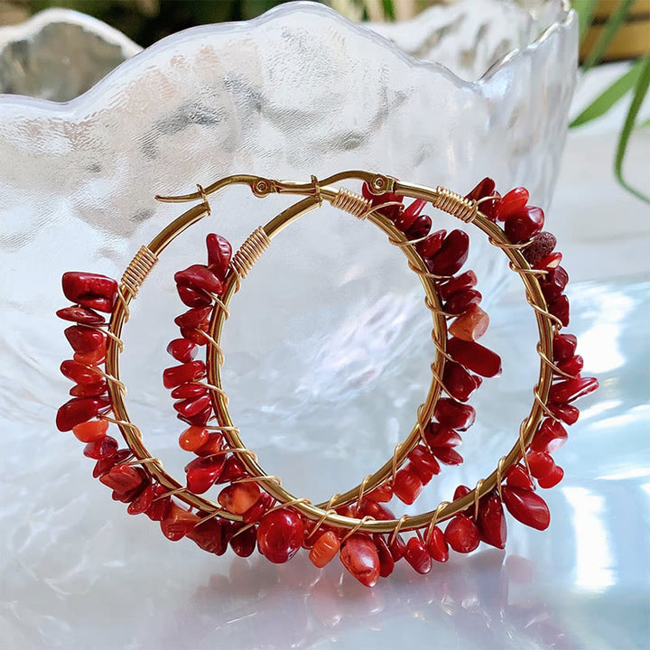 Olivenorma Bohemian Style Natural Stone Crystal Large Hoop Earrings