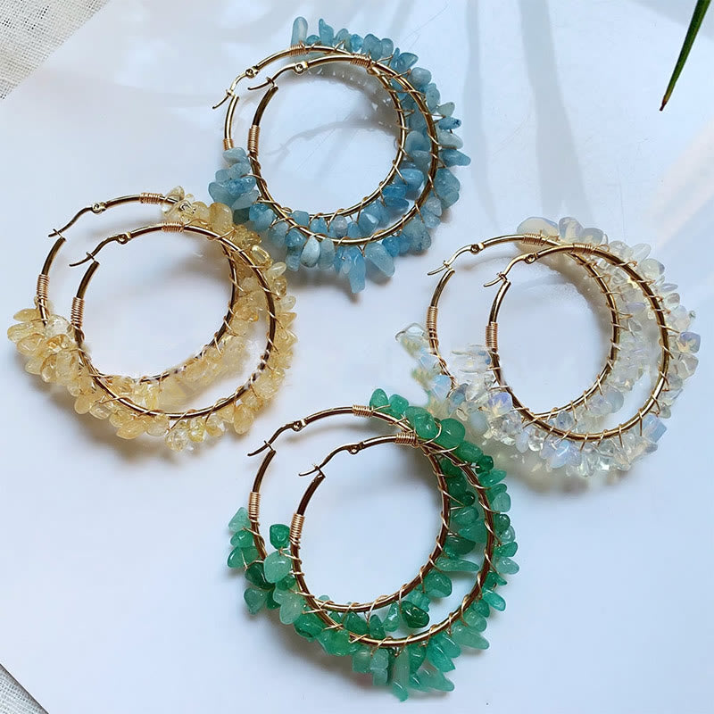 Olivenorma Bohemian Style Natural Stone Crystal Large Hoop Earrings