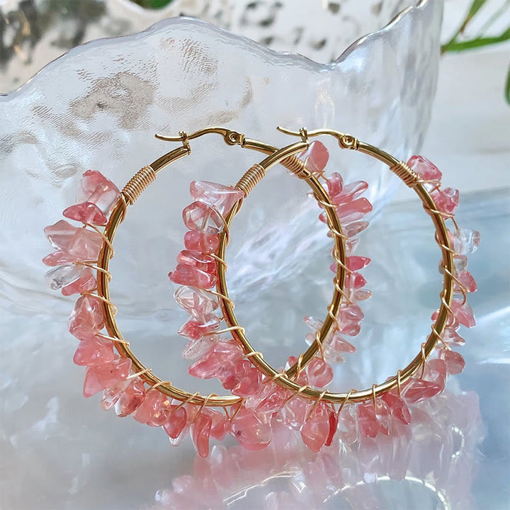 Olivenorma Bohemian Style Natural Stone Crystal Large Hoop Earrings