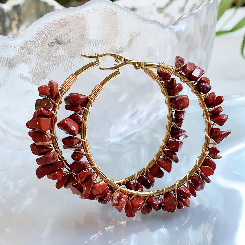 Olivenorma Bohemian Style Natural Stone Crystal Large Hoop Earrings