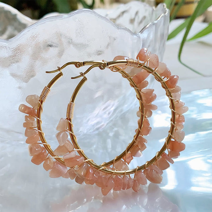 Olivenorma Bohemian Style Natural Stone Crystal Large Hoop Earrings