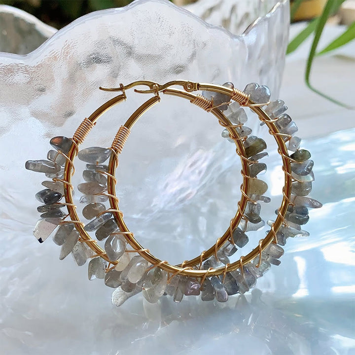 Olivenorma Bohemian Style Natural Stone Crystal Large Hoop Earrings