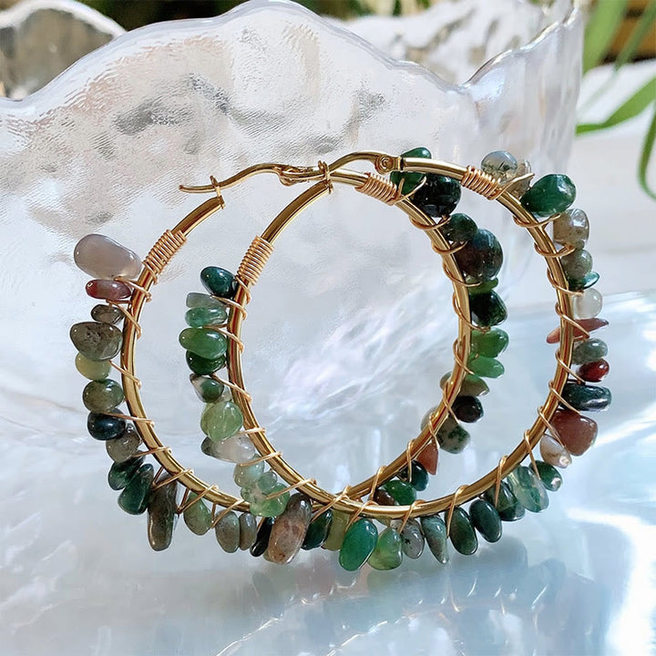 Olivenorma Bohemian Style Natural Stone Crystal Large Hoop Earrings