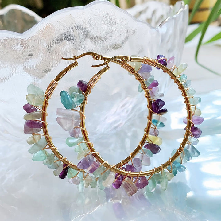 Olivenorma Bohemian Style Natural Stone Crystal Large Hoop Earrings