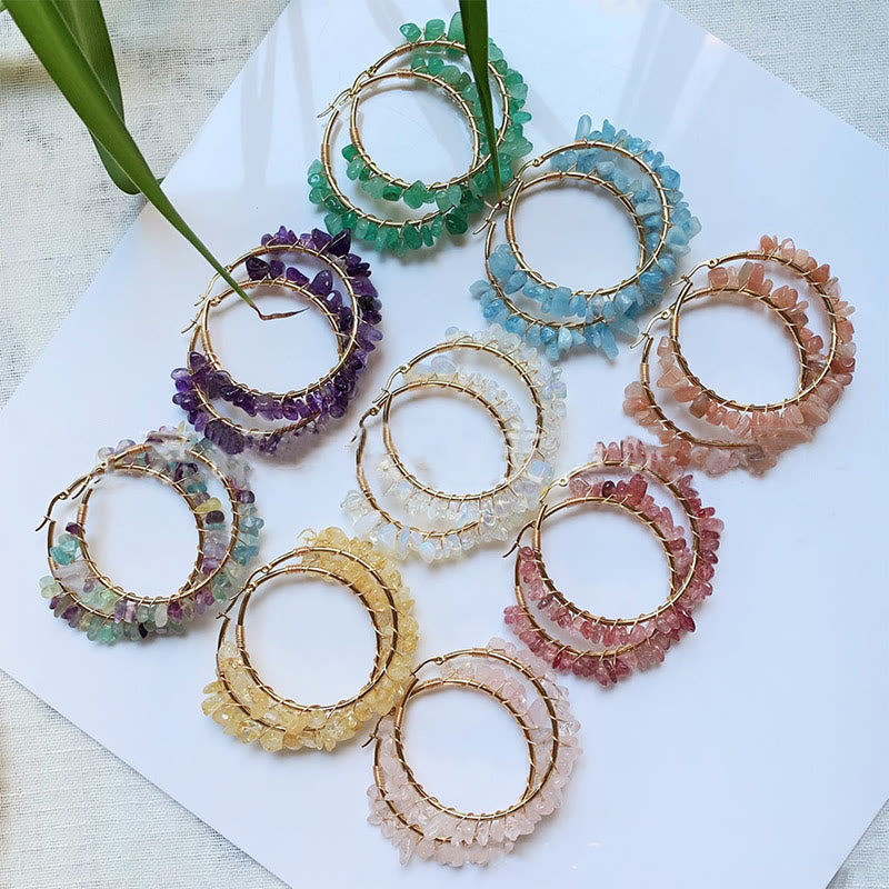 Olivenorma Bohemian Style Natural Stone Crystal Large Hoop Earrings