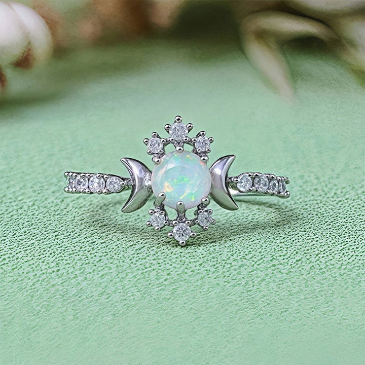 Olivenorma White Opal White Zircon Triple Moon Goddess Ring