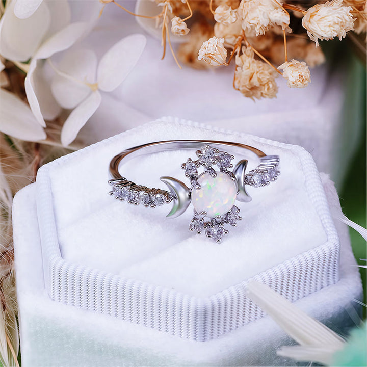 Olivenorma White Opal White Zircon Triple Moon Goddess Ring