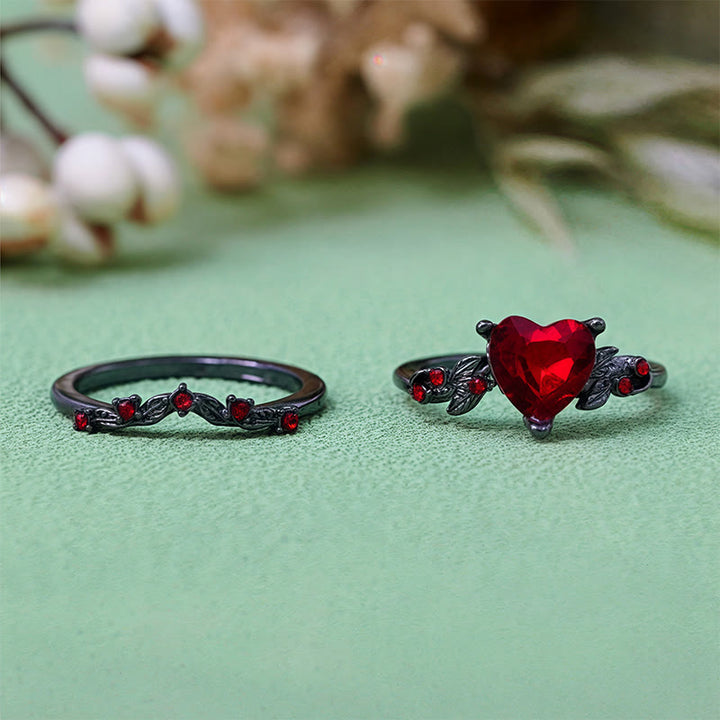 Olivenorma 2Pcs Heart Ruby Quartz Black Ring Set
