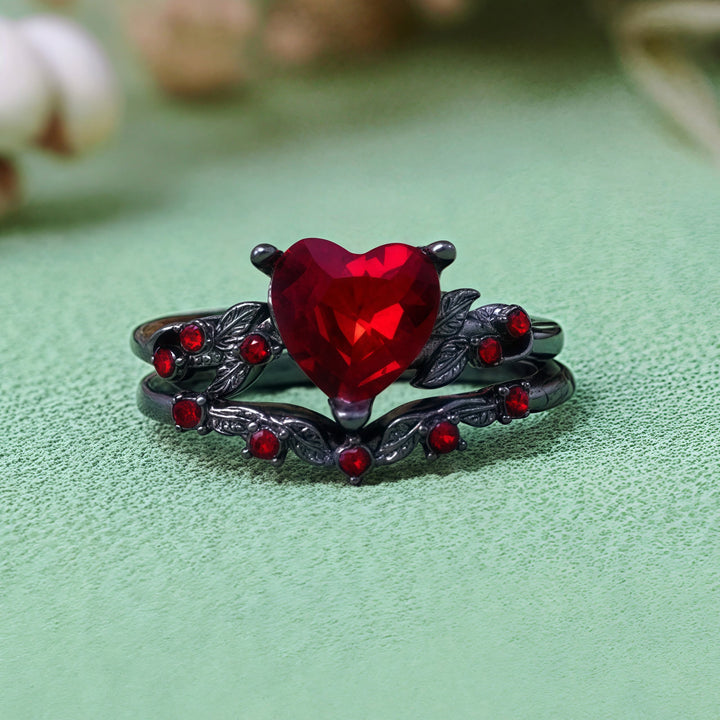 Olivenorma 2Pcs Heart Ruby Quartz Black Ring Set