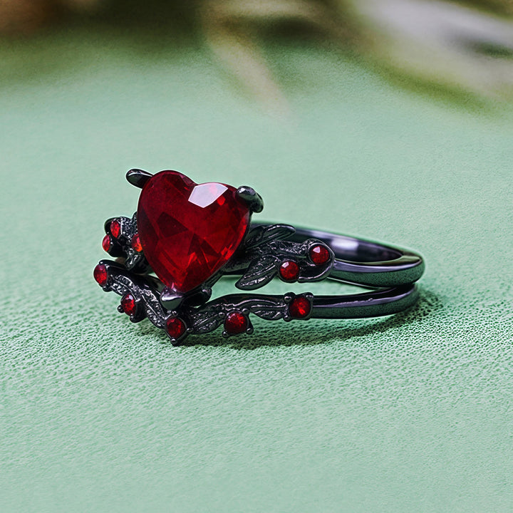 Olivenorma 2Pcs Heart Ruby Quartz Black Ring Set