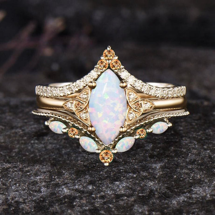 FREE Today: Vintage Milgrain Marquise Opal and Emerald Three-Piece Ring Set  - Opal#Color Gold - US 10 - image 6