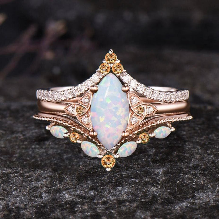 FREE Today: Vintage Milgrain Marquise Opal and Emerald Three-Piece Ring Set  - Opal#Color Rose Gold - US 10 - image 10