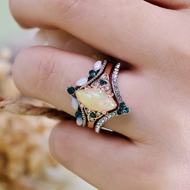 Olivenorma Vintage Milgrain Marquise Opal and Emerald Three-Piece Ring Set