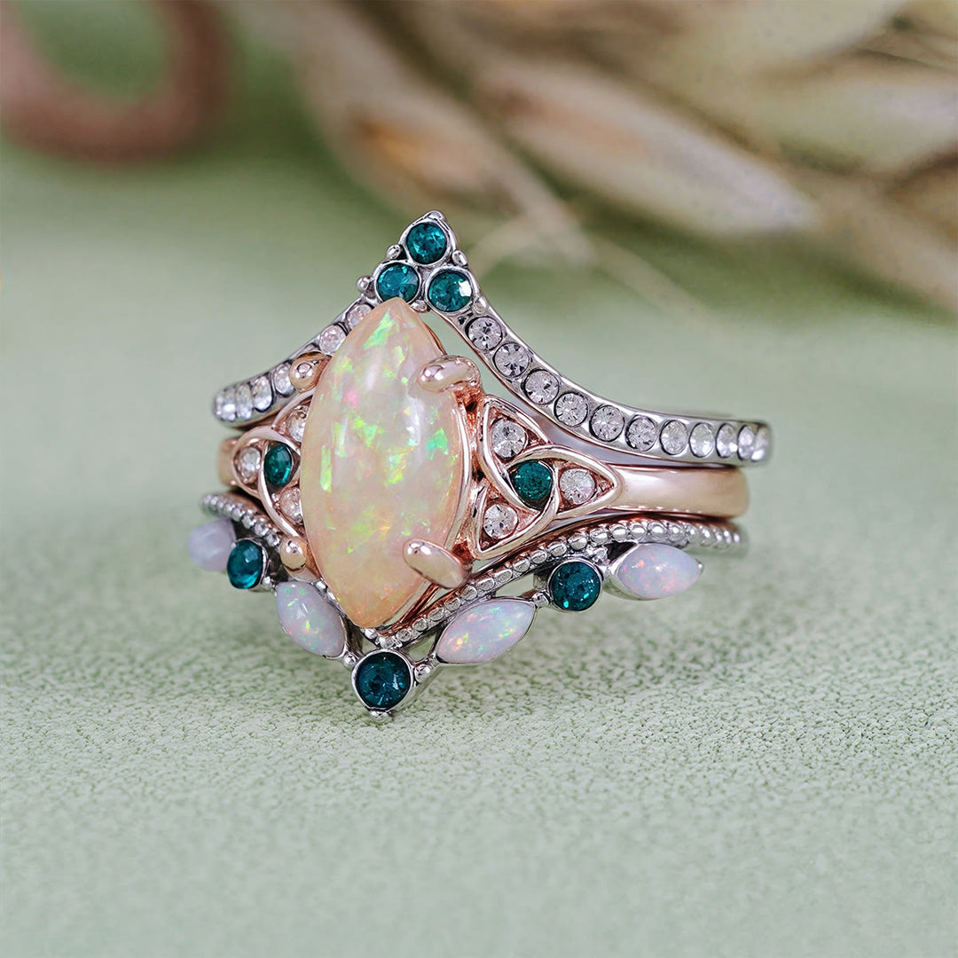 Olivenorma Vintage Milgrain Marquise Opal and Emerald Three-Piece Ring Set
