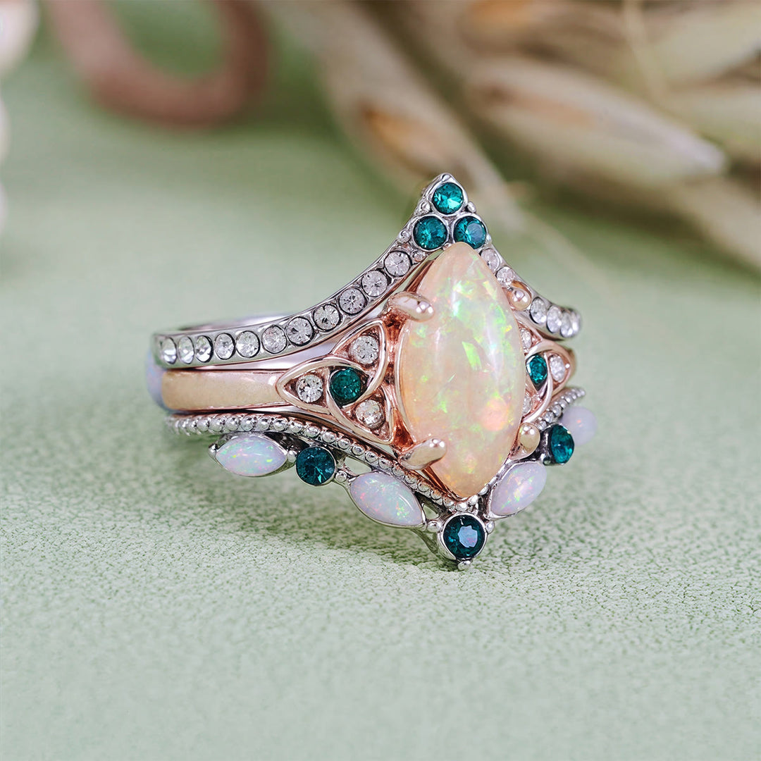 Olivenorma Vintage Milgrain Marquise Opal and Emerald Three-Piece Ring Set