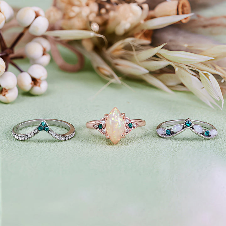 Olivenorma Vintage Milgrain Marquise Opal and Emerald Three-Piece Ring Set