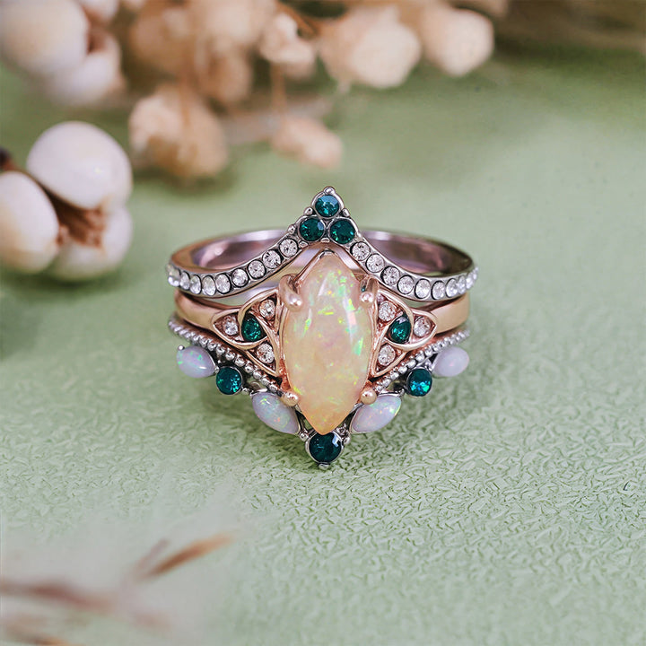Olivenorma Vintage Milgrain Marquise Opal and Emerald Three-Piece Ring Set