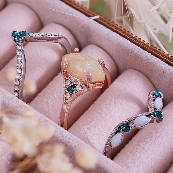 Olivenorma Vintage Milgrain Marquise Opal and Emerald Three-Piece Ring Set