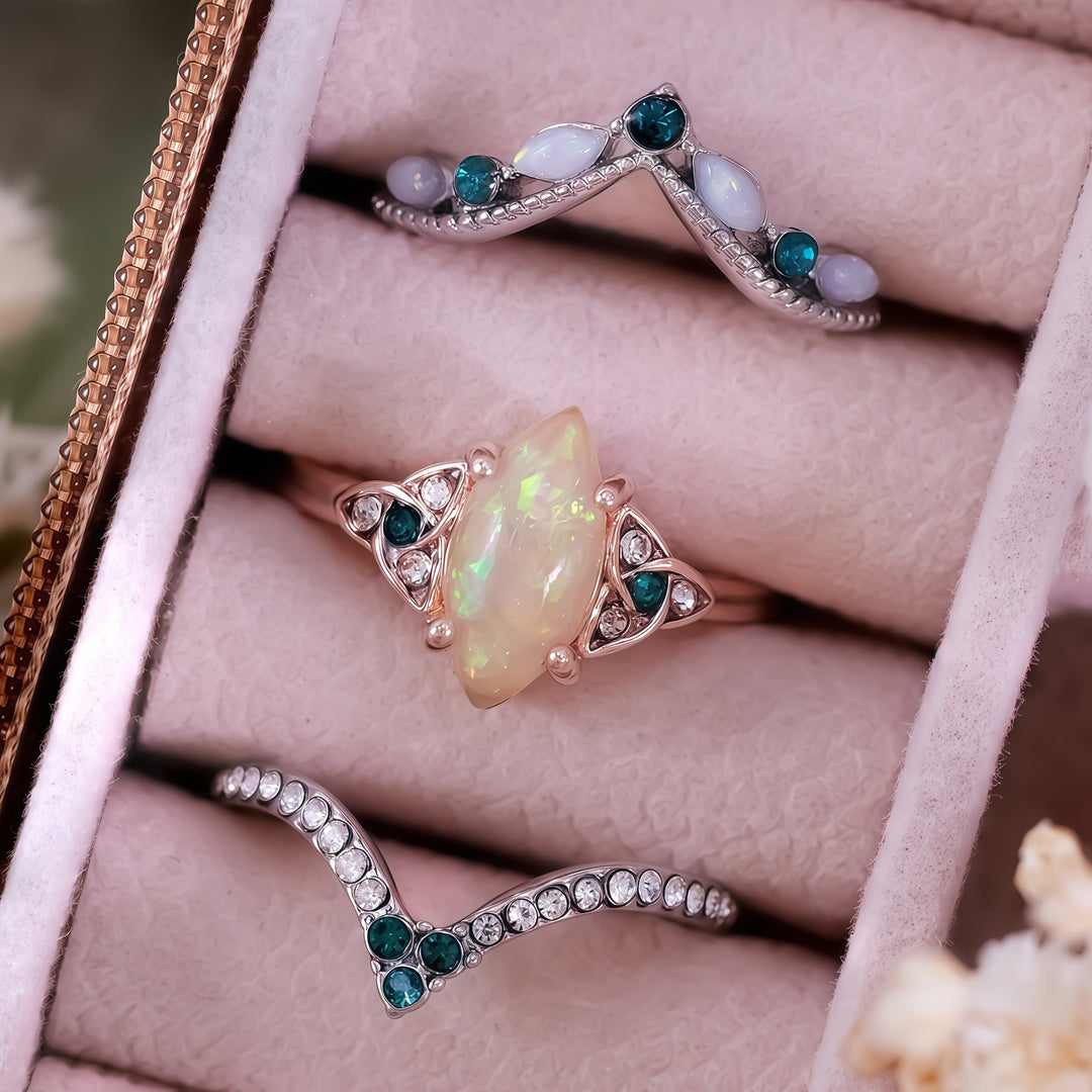 Olivenorma Vintage Milgrain Marquise Opal and Emerald Three-Piece Ring Set