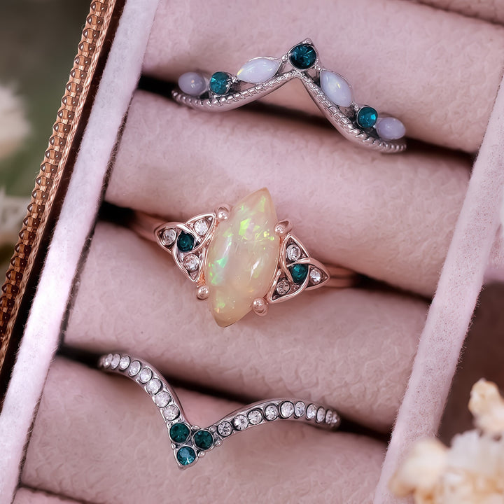 Olivenorma Vintage Milgrain Marquise Opal and Emerald Three-Piece Ring Set