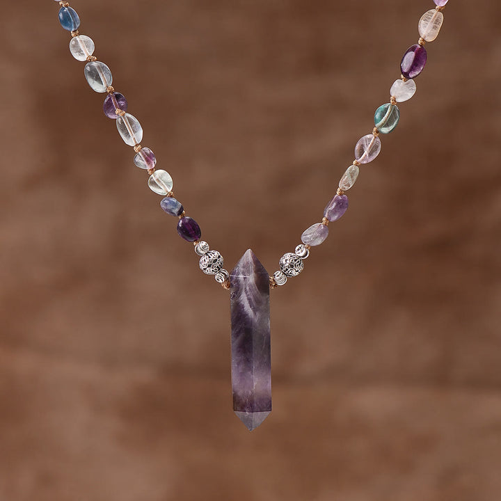 Olivenorma Fluorite Beaded Amethyst Hexagonal Pendant Necklace