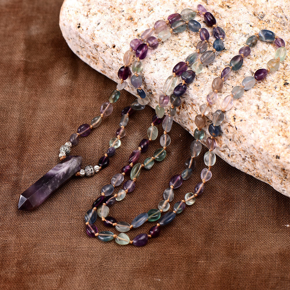Olivenorma Fluorite Beaded Amethyst Hexagonal Pendant Necklace