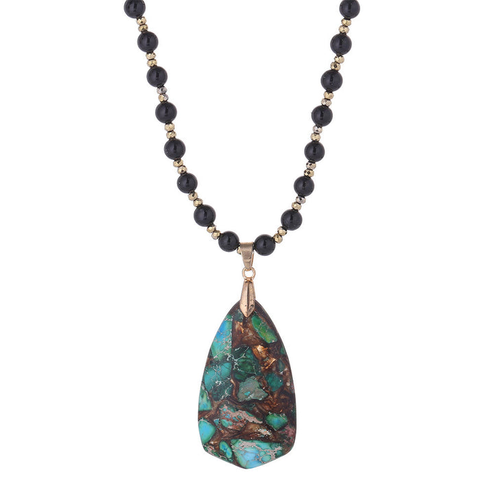 Olivenorma Black Onyx Beaded Green Emperor Stone Pendant Necklace