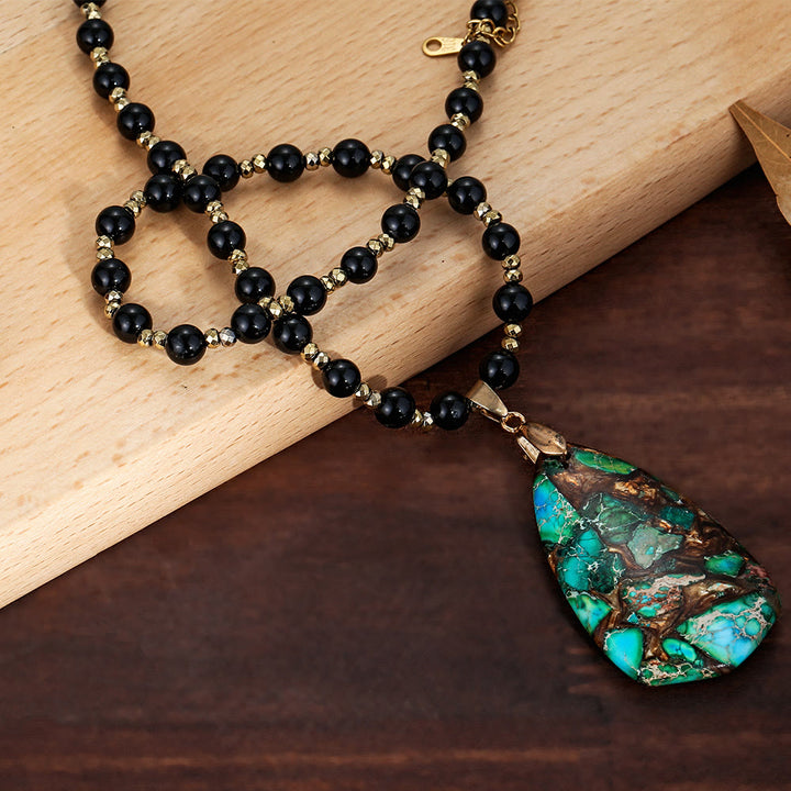 Olivenorma Black Onyx Beaded Green Emperor Stone Pendant Necklace