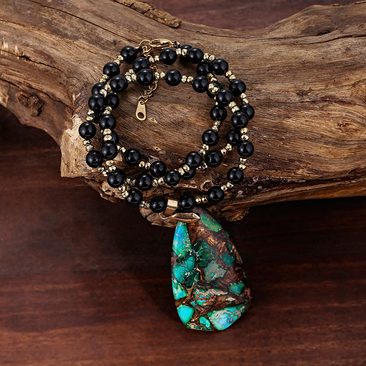 Olivenorma Black Onyx Beaded Green Emperor Stone Pendant Necklace
