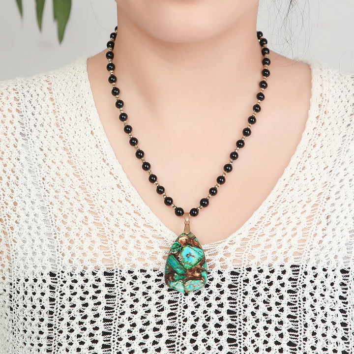 Olivenorma Black Onyx Beaded Green Emperor Stone Pendant Necklace
