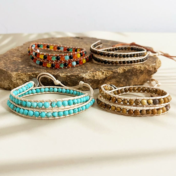 Olivenorma Natural stone beads leather rope braided bracelet