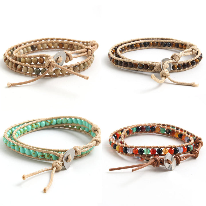Olivenorma Natural stone beads leather rope braided bracelet
