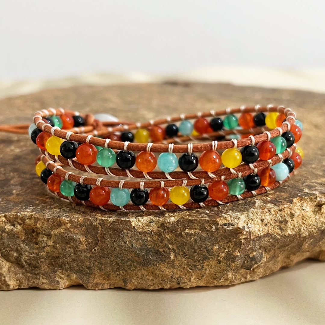 Olivenorma Natural stone beads leather rope braided bracelet